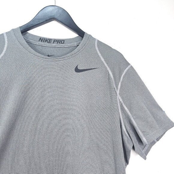 NIKE PRO Combat Grey Black Striped Compression Workout Shirt - Picture 2 of 8